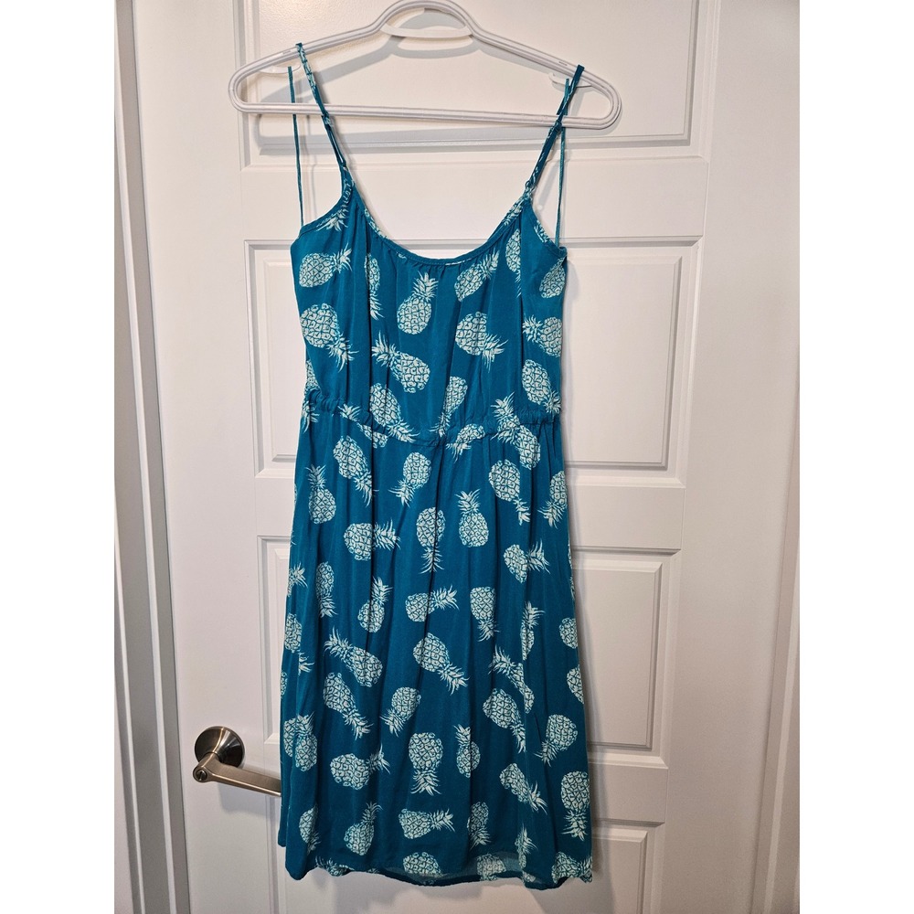 Women's Teal Blue Pineapple Print Rayon Summer Bright Sundress Size M